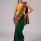 Festive plaid cotton saree in green, orange, and yellow tones