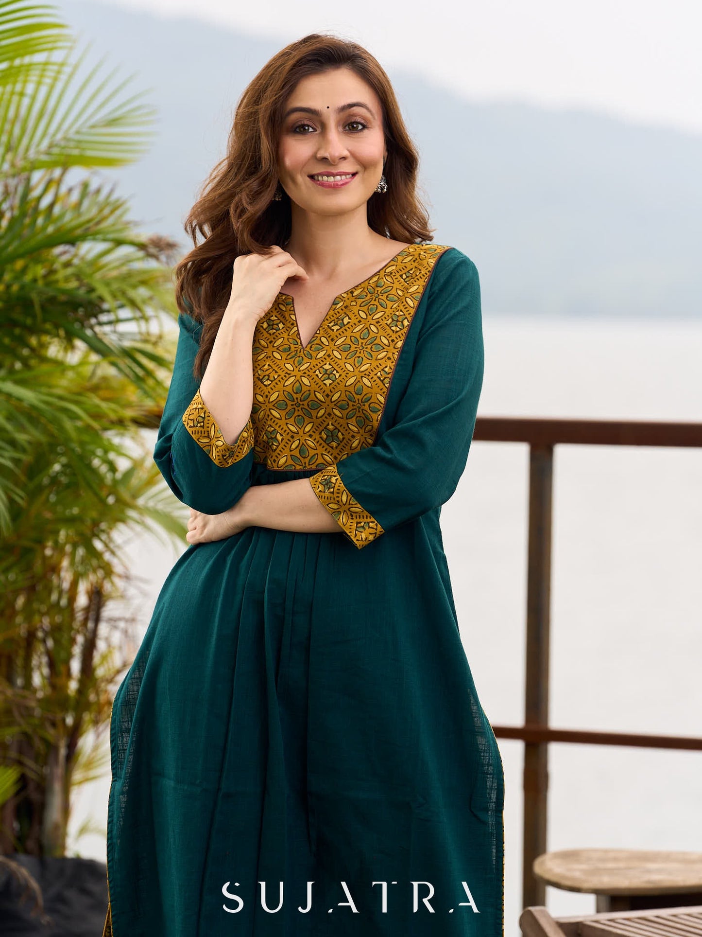 Artisanal Teal Cotton Kurta featuring Contrast Mustard Ajrakh Print Panel