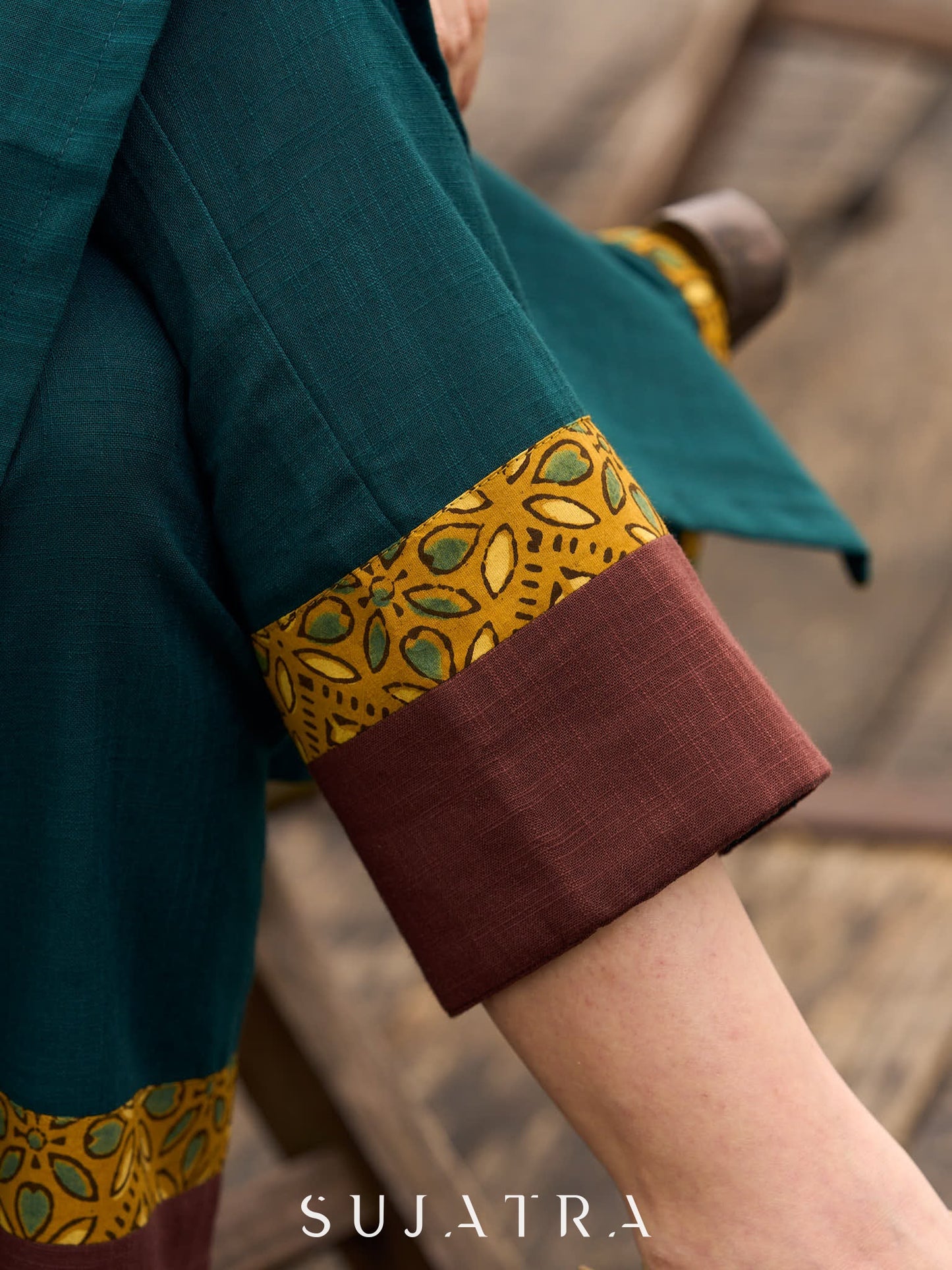 Teal Cotton Straight Pant with Mustard Ajrakh and Brown border