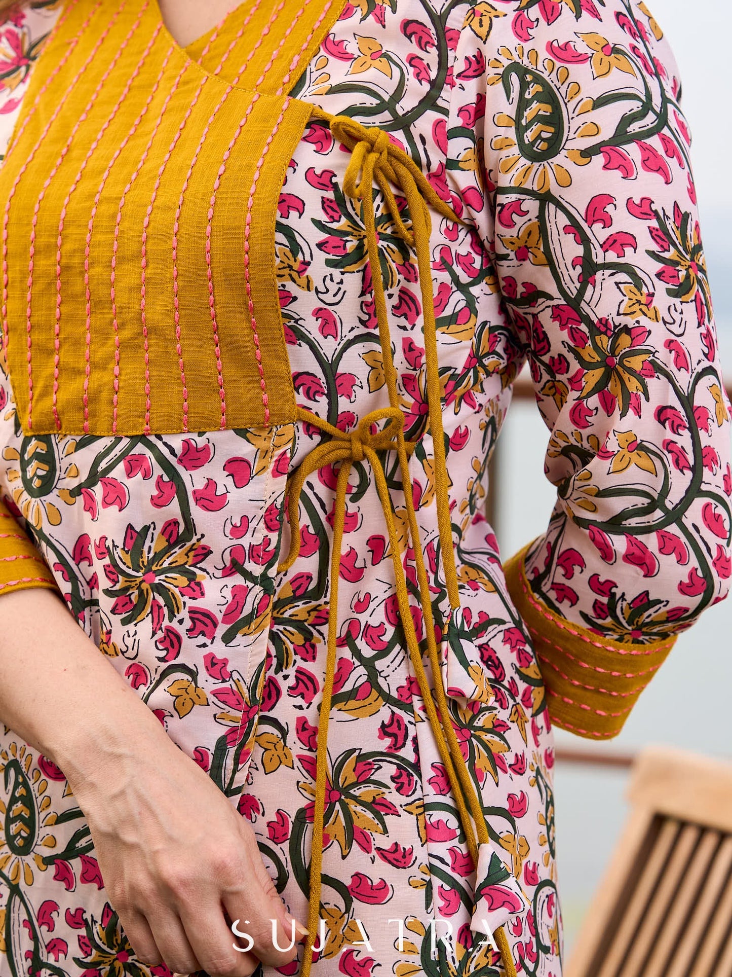Charming Floral Print Angarkha Kurta featuring Contrast Mustard Embroidered Yoke