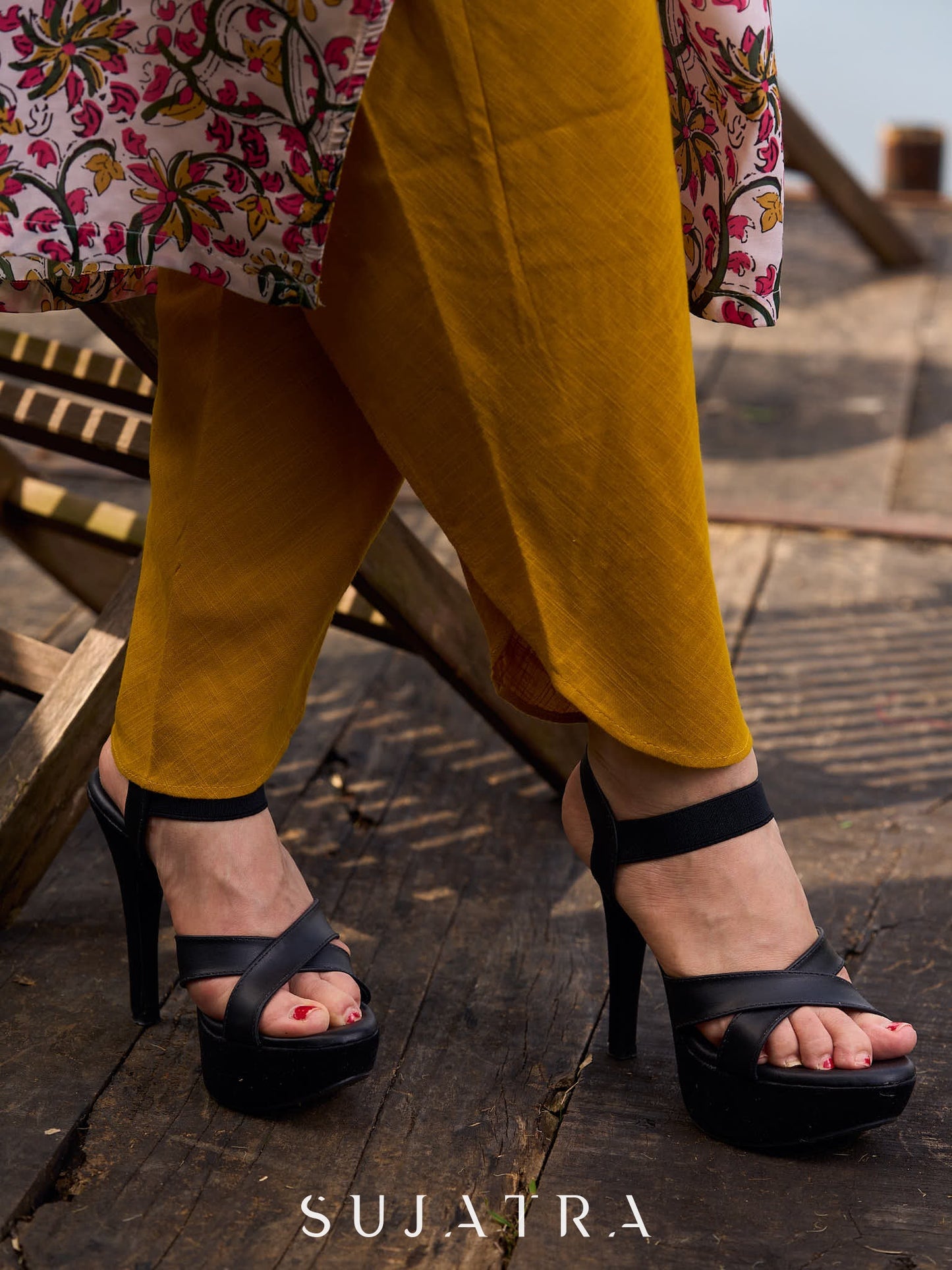 Charming Floral Print Angarkha Kurta featuring Contrast Mustard Embroidered Yoke