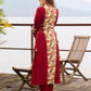 Maroon Cotton Kurta featuring Floral Printed Panel and Waist-Cinching Tie Details
