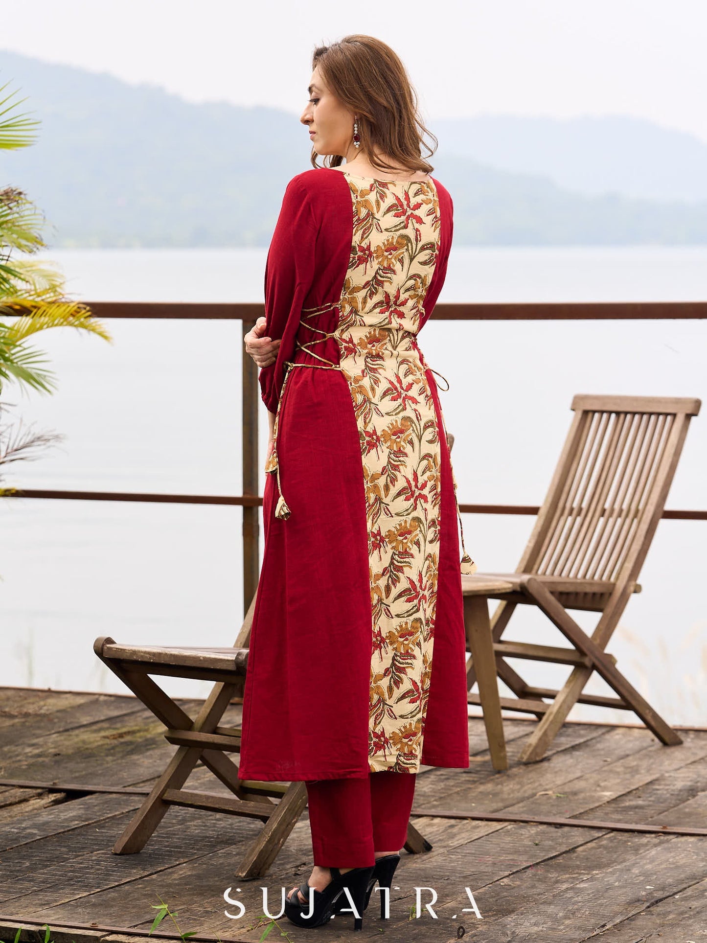 Maroon Cotton Kurta featuring Floral Printed Panel and Waist-Cinching Tie Details