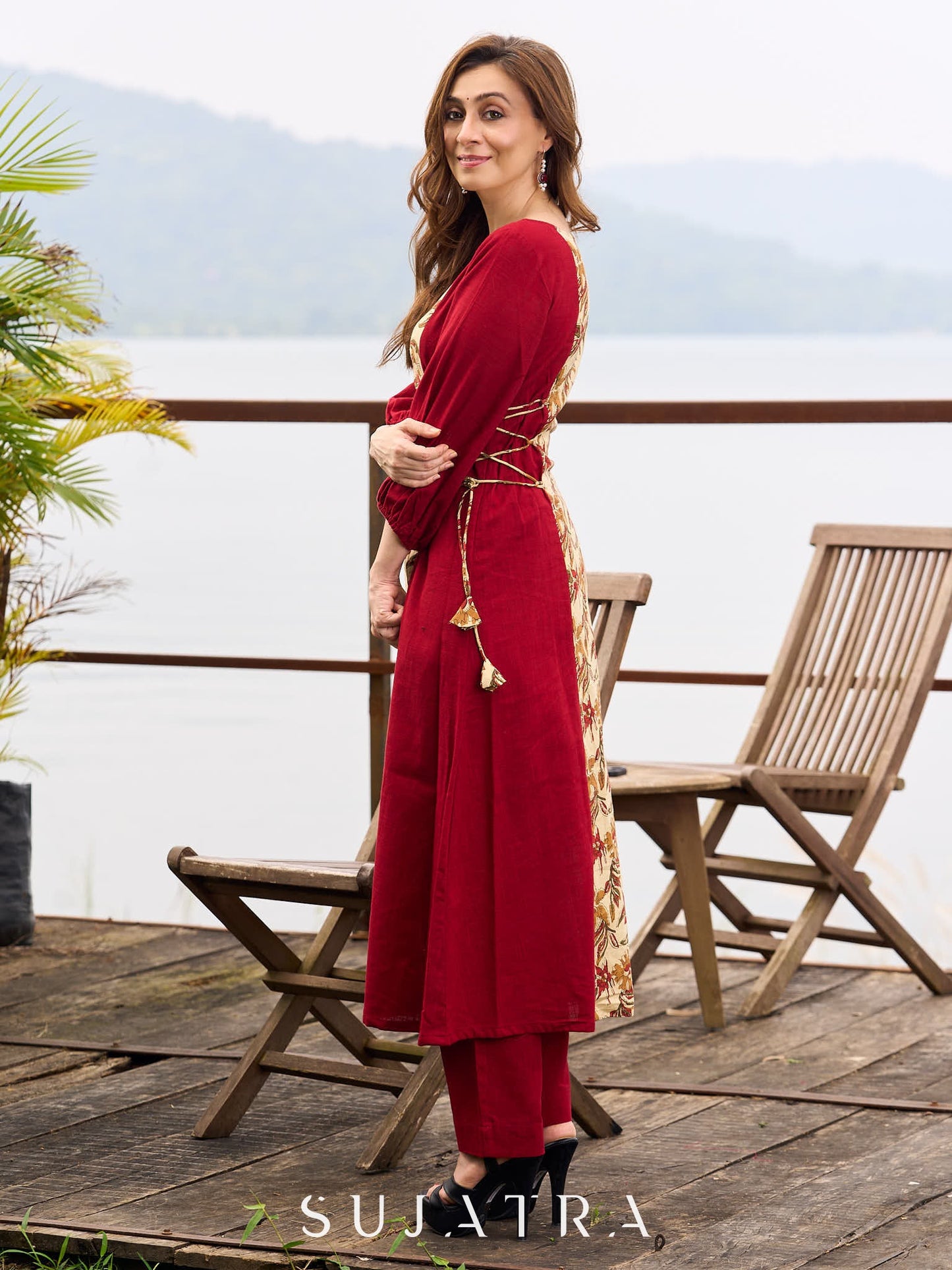 Maroon Cotton Kurta featuring Floral Printed Panel and Waist-Cinching Tie Details