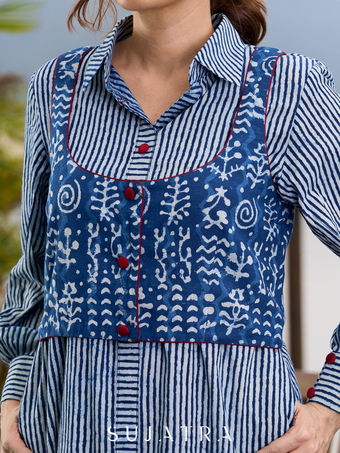 Classic Indigo A-Line Kurta with Vertical Stripes and Front Button Detailing