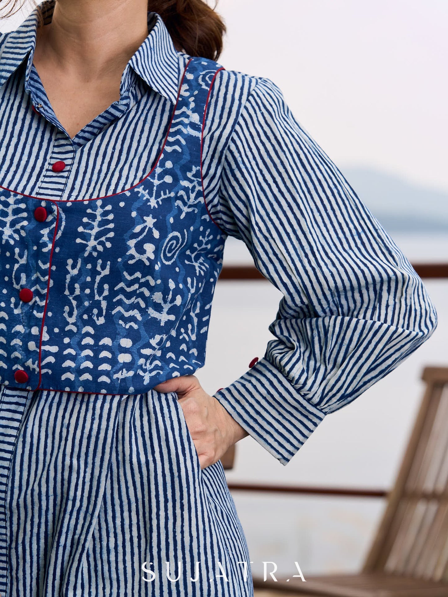 Indigo Printed Sleeveless Jacket with Maroon accents and Open-Front Design