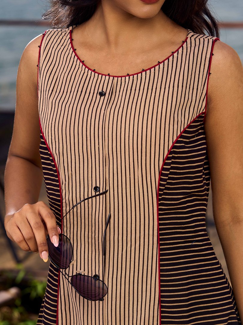 Black & Beige Ajrakh Cotton Dress with Structured Panel Design