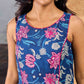 Navy Blue Indigo Cotton Dress With Pink Floral Embroidered Highlights