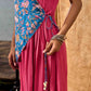 Rose Pink Pleated Wrap Dress with Embroidered Blue Panel