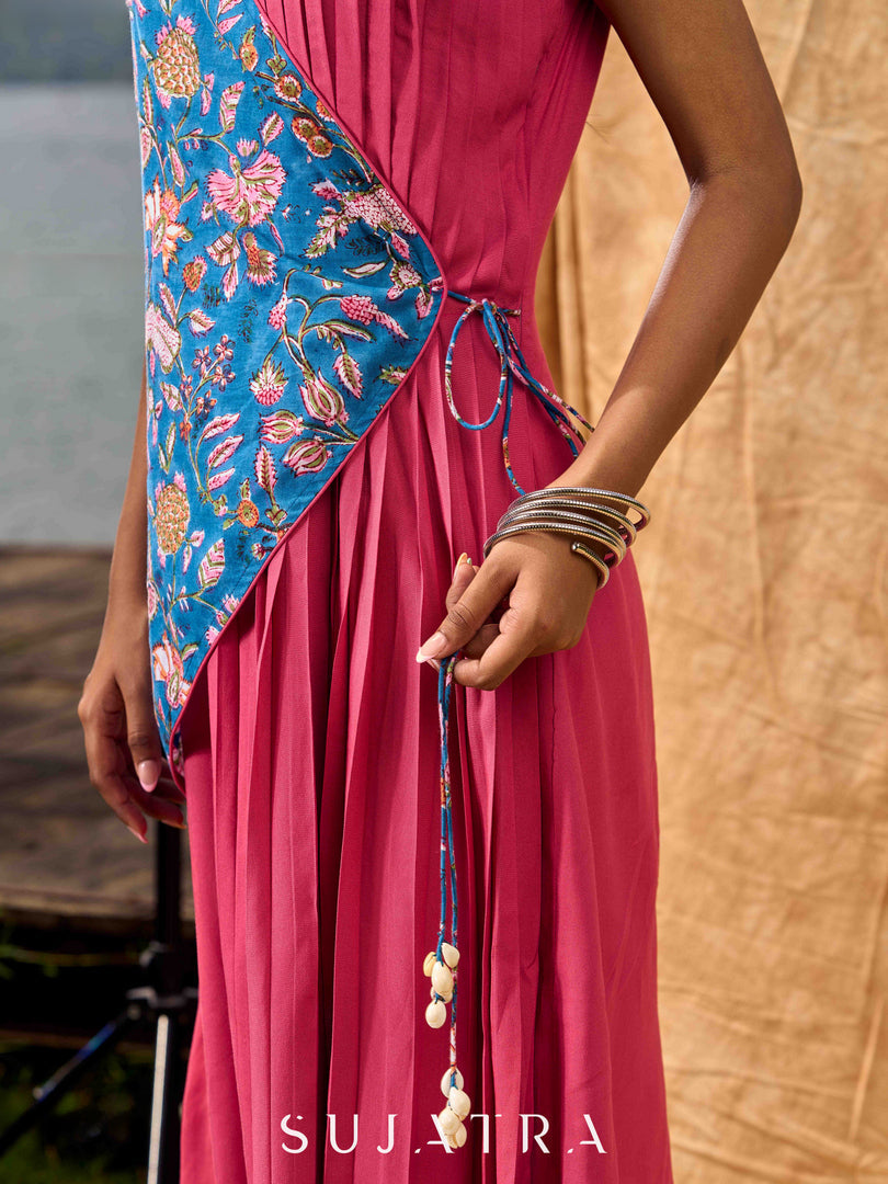 Rose Pink Pleated Wrap Dress with Embroidered Blue Panel