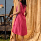 Rose Pink Pleated Wrap Dress with Embroidered Blue Panel