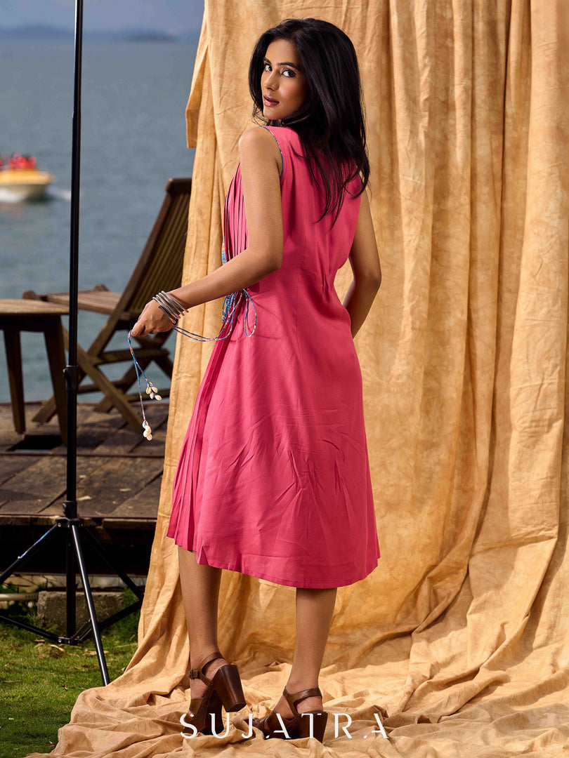 Rose Pink Pleated Wrap Dress with Embroidered Blue Panel