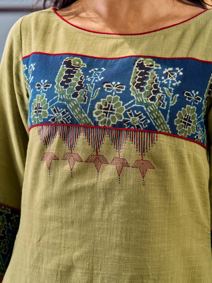 Sage Green Cotton Flared Dress with Contrast Ajrakh Yoke and Cuff Detailing featuring Hand Painting