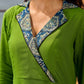 Green Flared Rayon Dress with Handcrafted Ajrakh Collar and Trims