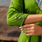 Green Flared Rayon Dress with Handcrafted Ajrakh Collar and Trims