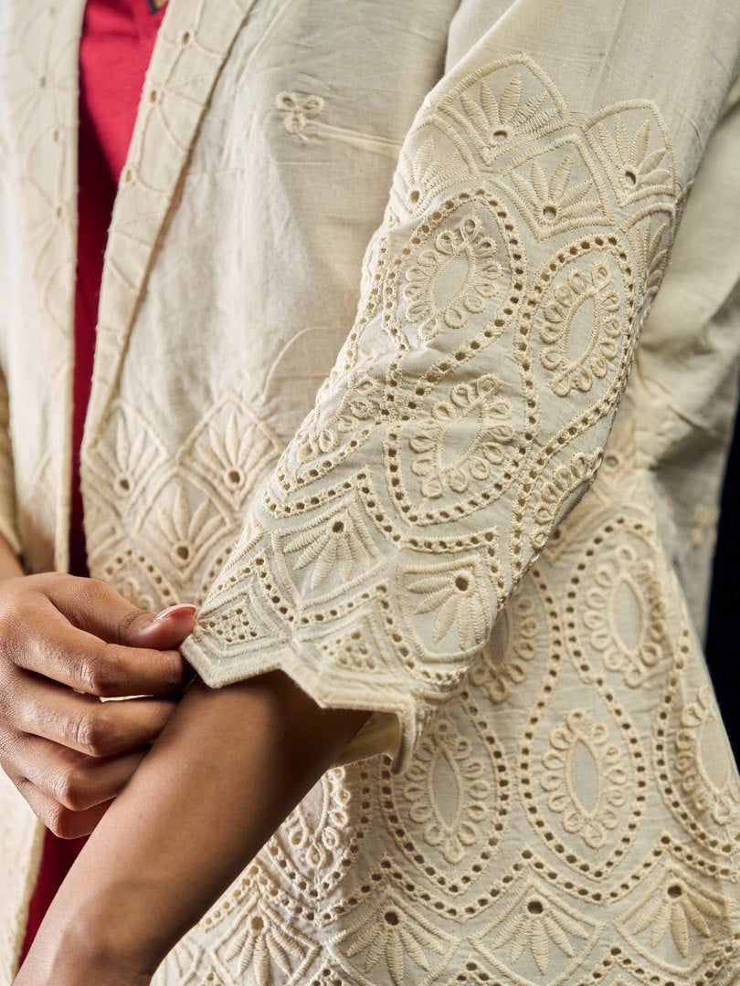 Ivory Cotton Hakoba Embroidered Jacket with Scalloped Hem