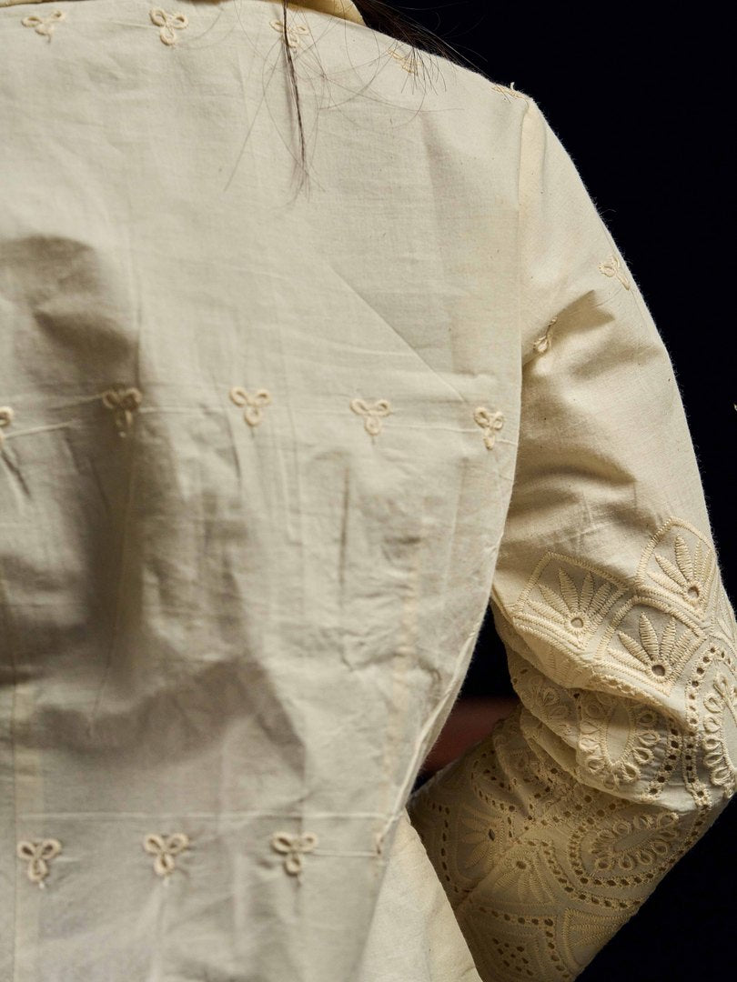 Ivory Cotton Hakoba Embroidered Jacket with Scalloped Hem