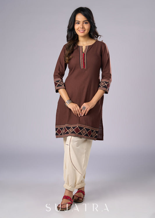 Trendy Brown Cotton Ajrakh Combination Tunic Pant Additional
