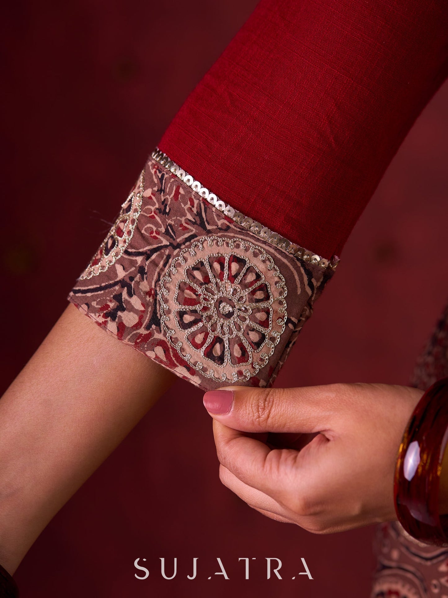 Rustic Brown Ajrakh Cotton Kurta with Handcrafted embroidery all over