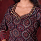 Black & Maroon Ajrakh Hand Block-Printed Kurta with Elegant Embroidery & lace highlights