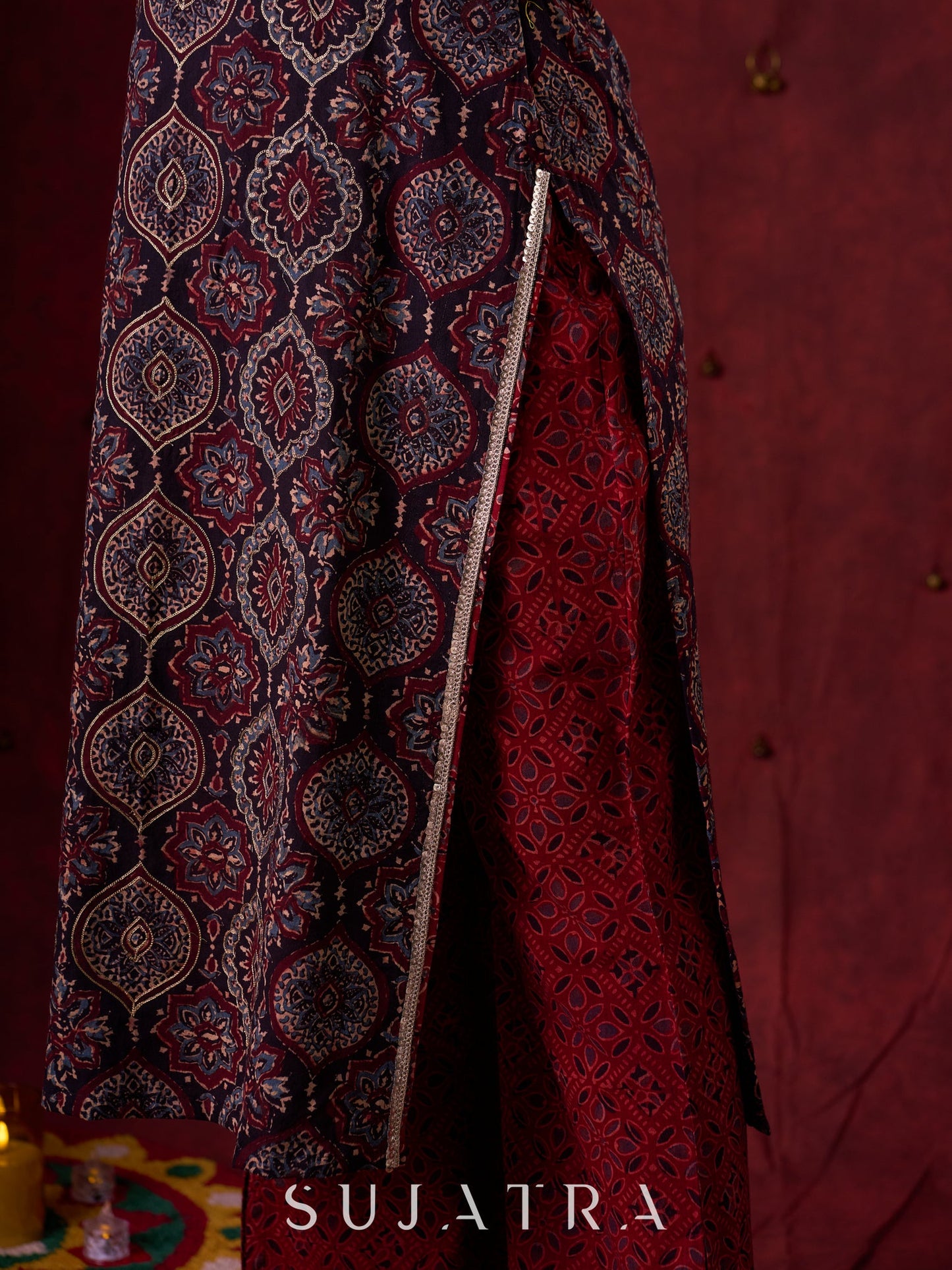 Black & Maroon Ajrakh Hand Block-Printed Kurta with Elegant Embroidery & lace highlights