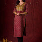 Dual-Tone Ajrakh Cotton Kurta in Maroon & Mustard with Subtle Hand Embroidery