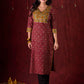 Dual-Tone Ajrakh Cotton Kurta in Maroon & Mustard with Subtle Hand Embroidery