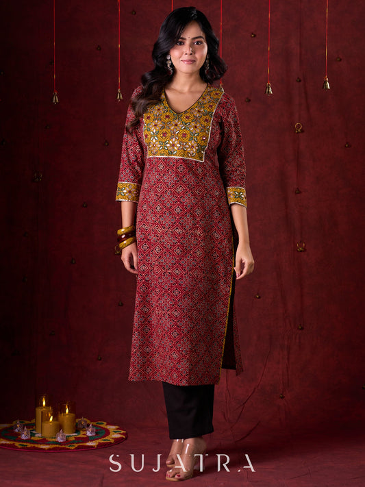 Dual-Tone Ajrakh Cotton Kurta in Maroon & Mustard with Subtle Hand Embroidery