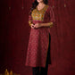 Dual-Tone Ajrakh Cotton Kurta in Maroon & Mustard with Subtle Hand Embroidery