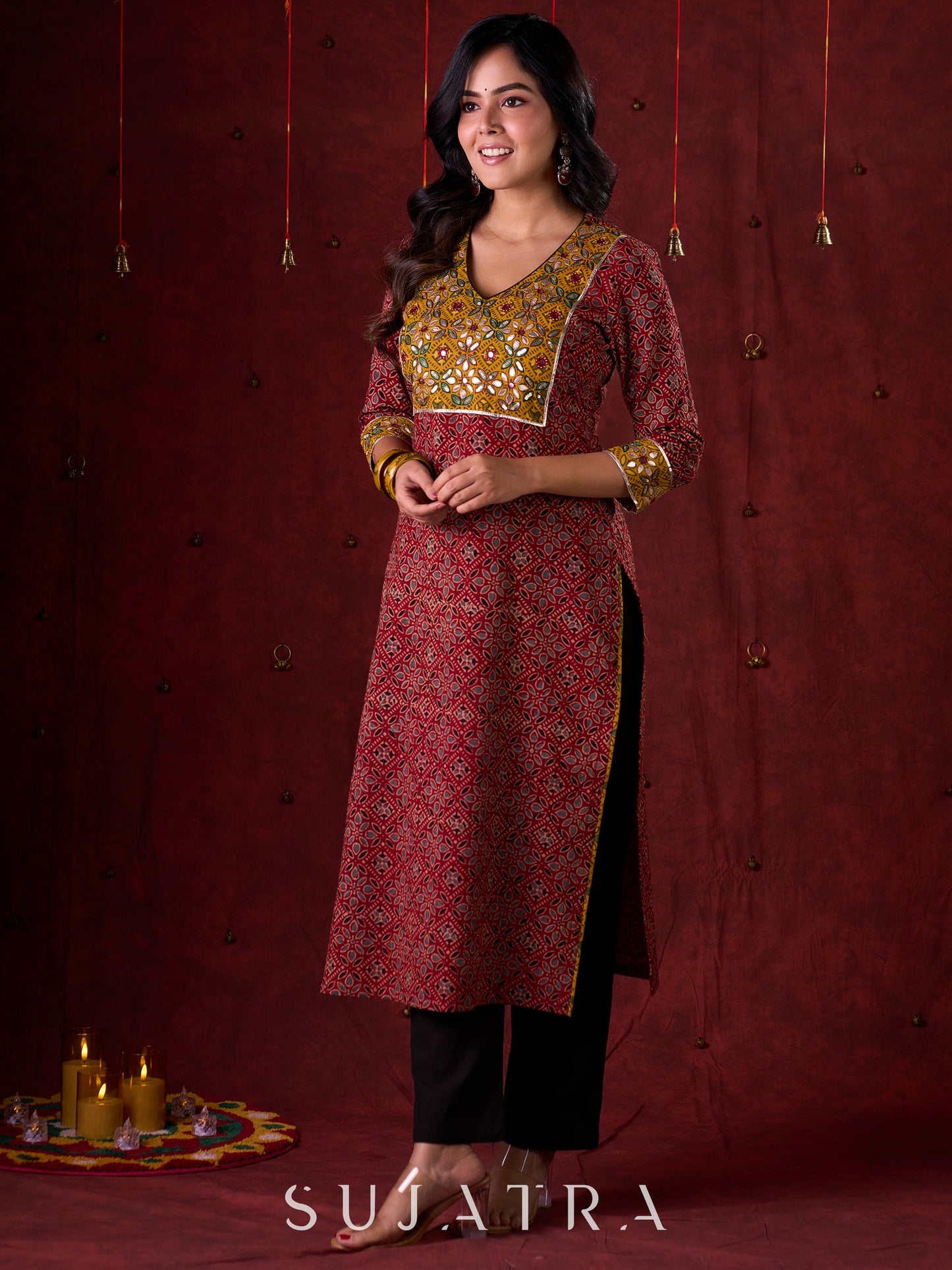 Dual-Tone Ajrakh Cotton Kurta in Maroon & Mustard with Subtle Hand Embroidery