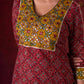 Dual-Tone Ajrakh Cotton Kurta in Maroon & Mustard with Subtle Hand Embroidery