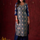 Blue Hand Block-Printed Ajrakh Cotton Kurta with Minimal Embroidery and Applique Sleeves