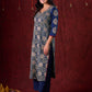 Blue Hand Block-Printed Ajrakh Cotton Kurta with Minimal Embroidery and Applique Sleeves