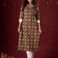 Natural Beige Ajrakh Cotton Kurta with Handcrafted Embroidery all over
