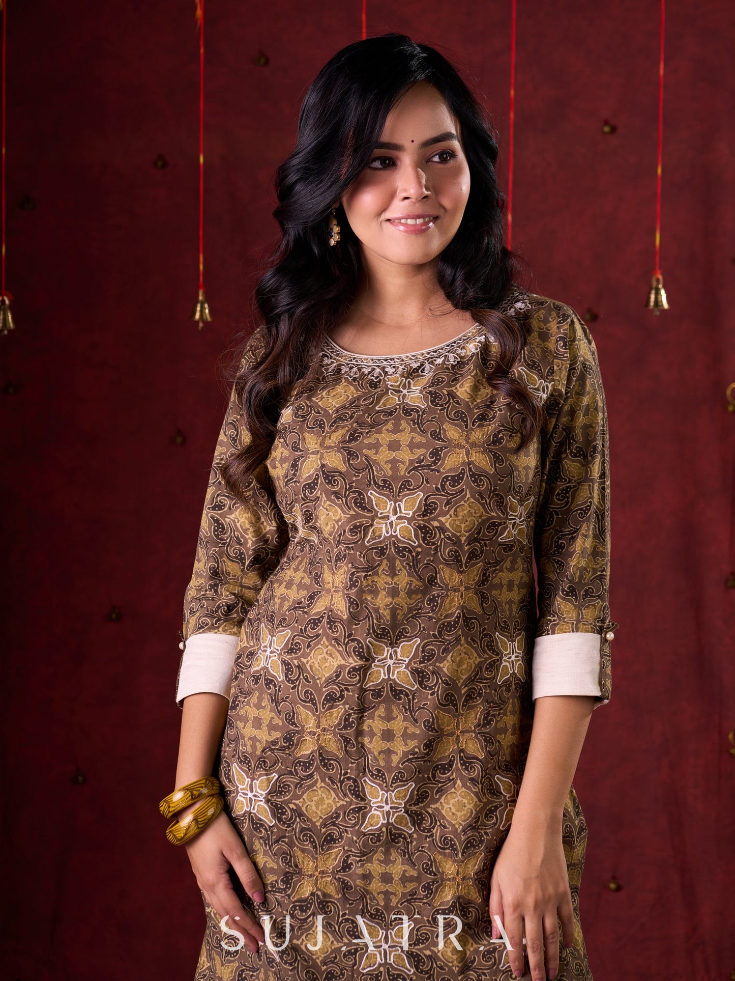 Natural Beige Ajrakh Cotton Kurta with Handcrafted Embroidery all over