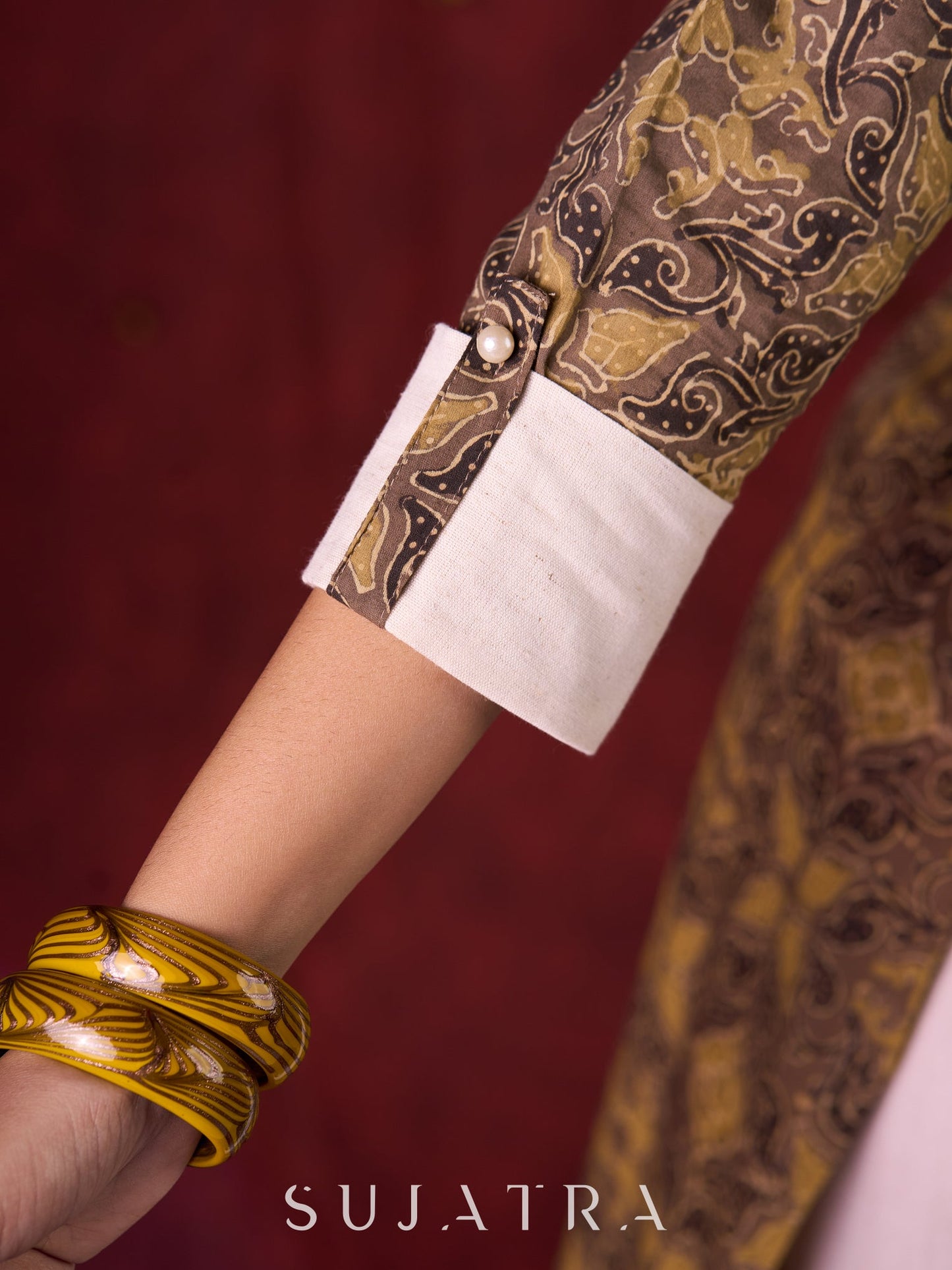 Natural Beige Ajrakh Cotton Kurta with Handcrafted Embroidery all over