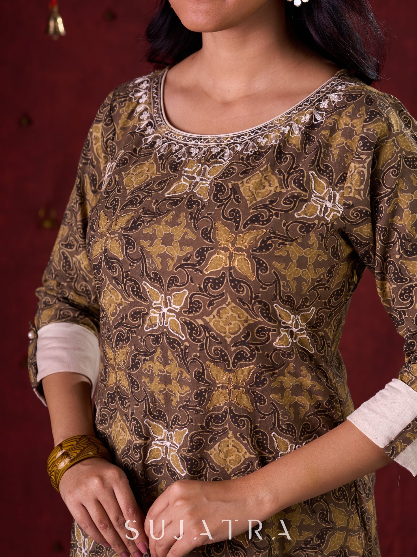 Natural Beige Ajrakh Cotton Kurta with Handcrafted Embroidery all over
