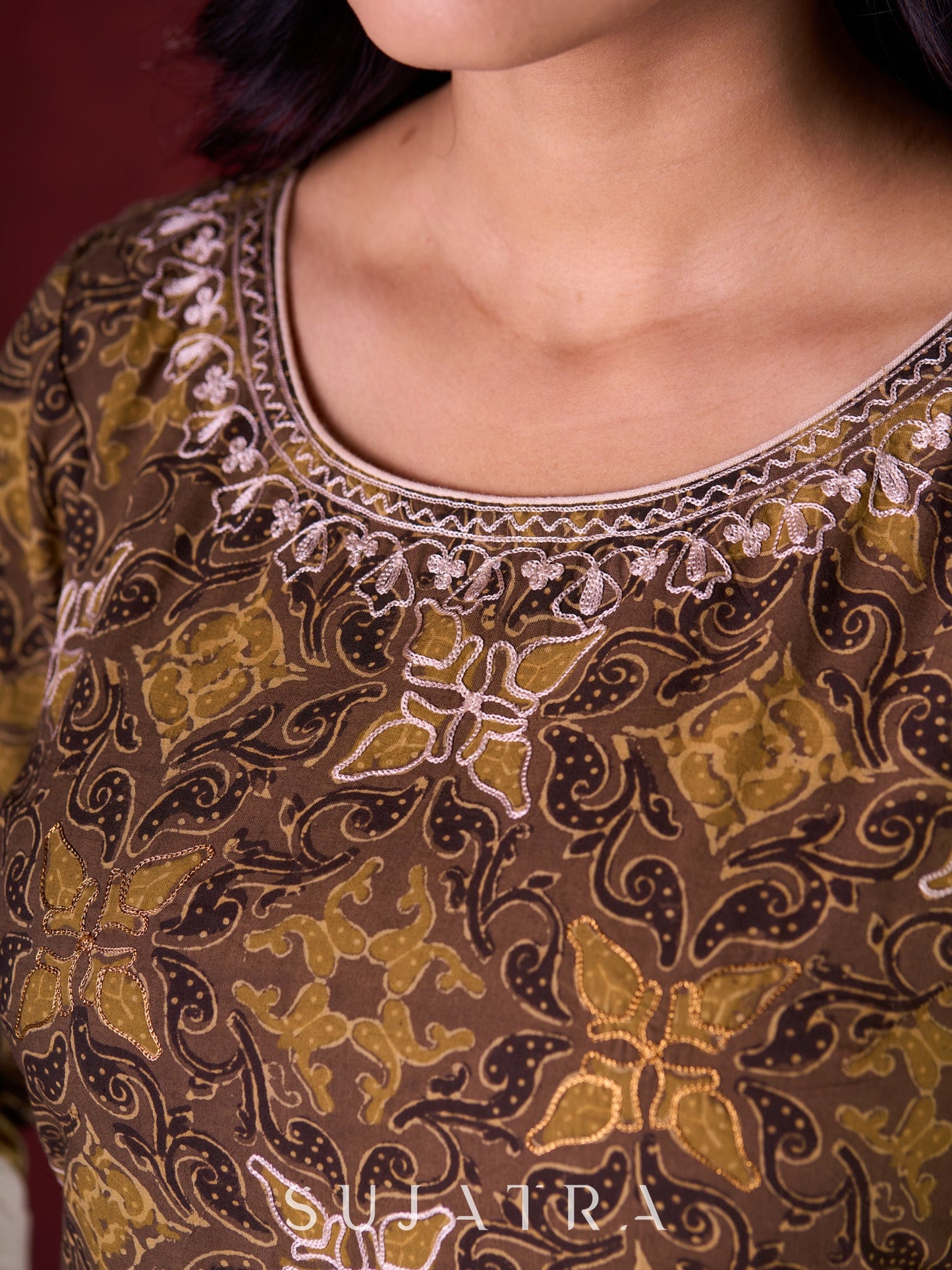 Natural Beige Ajrakh Cotton Kurta with Handcrafted Embroidery all over