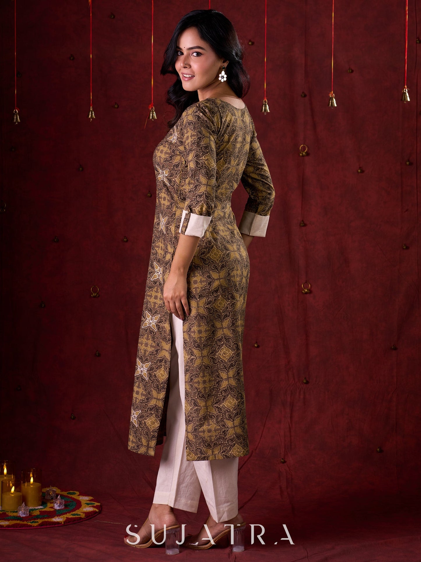 Natural Beige Ajrakh Cotton Kurta with Handcrafted Embroidery all over