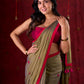 Olive Harmony Dual-Tone Mul Cotton Saree with Fuchsia Border & Graceful Floral Embroidered Pallu