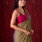 Olive Harmony Dual-Tone Mul Cotton Saree with Fuchsia Border & Graceful Floral Embroidered Pallu