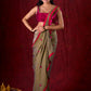 Olive Harmony Dual-Tone Mul Cotton Saree with Fuchsia Border & Graceful Floral Embroidered Pallu