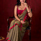 Olive Harmony Dual-Tone Mul Cotton Saree with Fuchsia Border & Graceful Floral Embroidered Pallu