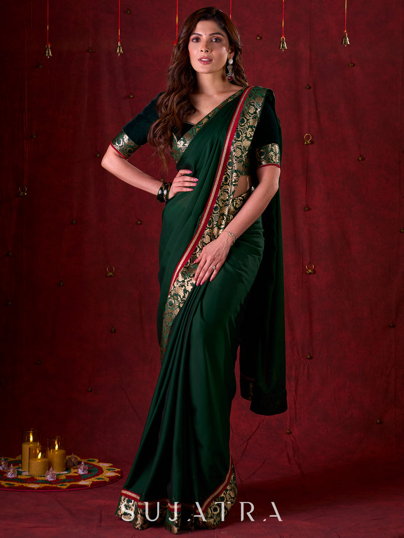 Emerald Bottle Green Silk Blend Saree with Rich Brocade Border & Red Contrast Highlights