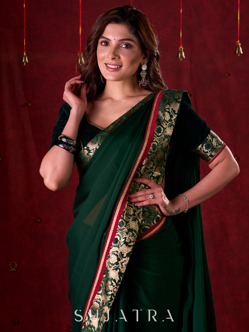 Emerald Bottle Green Silk Blend Saree with Rich Brocade Border & Red Contrast Highlights