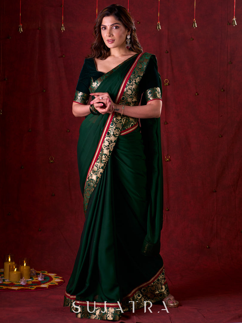 Emerald Bottle Green Silk Blend Saree with Rich Brocade Border & Red Contrast Highlights