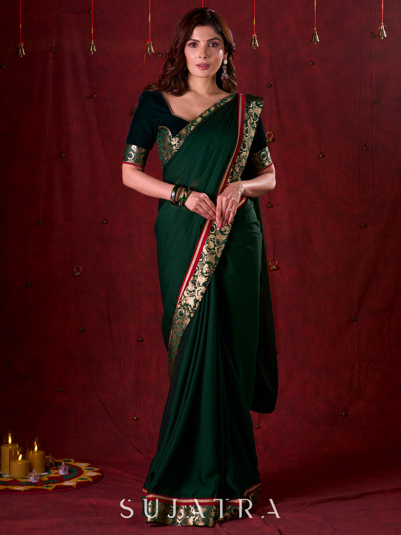 Emerald Bottle Green Silk Blend Saree with Rich Brocade Border & Red Contrast Highlights