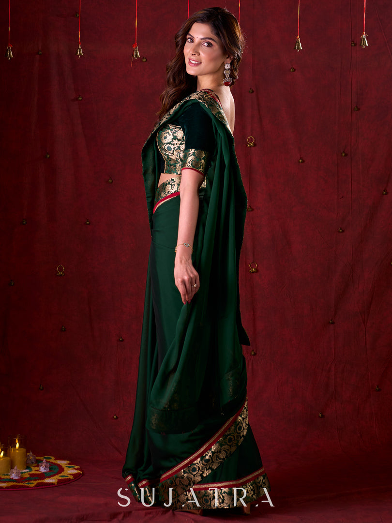 Emerald Bottle Green Silk Blend Saree with Rich Brocade Border & Red Contrast Highlights
