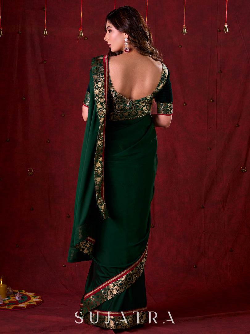 Emerald Bottle Green Silk Blend Saree with Rich Brocade Border & Red Contrast Highlights