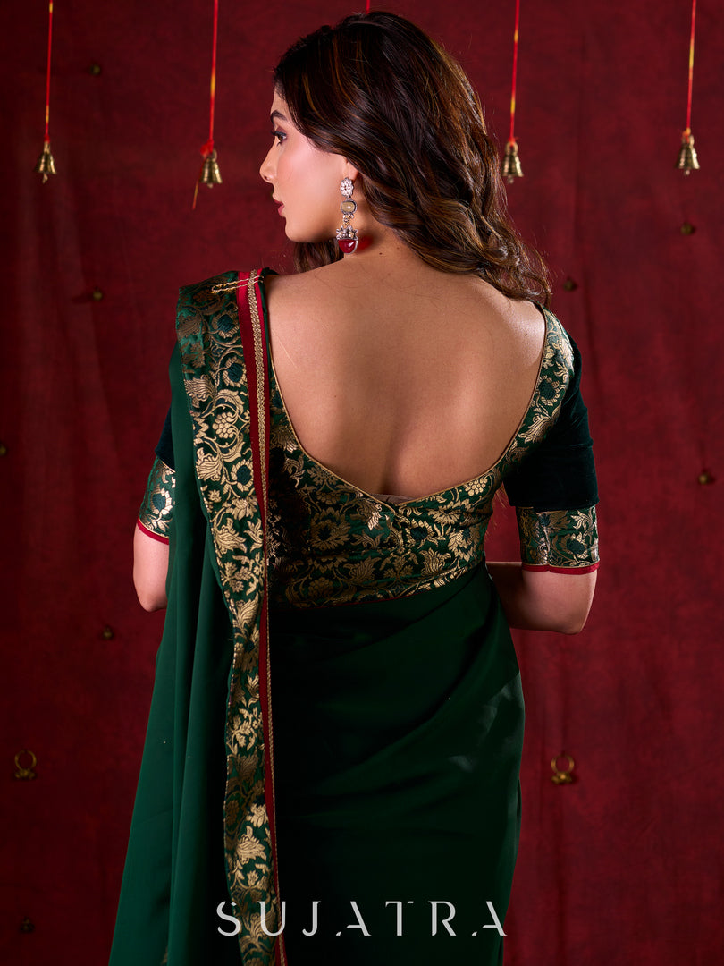 Emerald Bottle Green Silk Blend Saree with Rich Brocade Border & Red Contrast Highlights